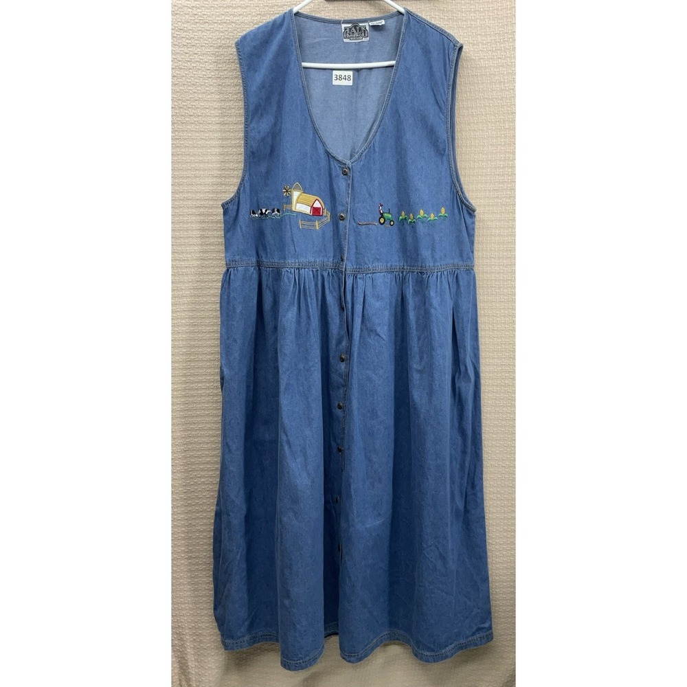 Vintage Denim Dress Womens 20 Farm Ranch Embroidered Jumper‎ Talk America Modest